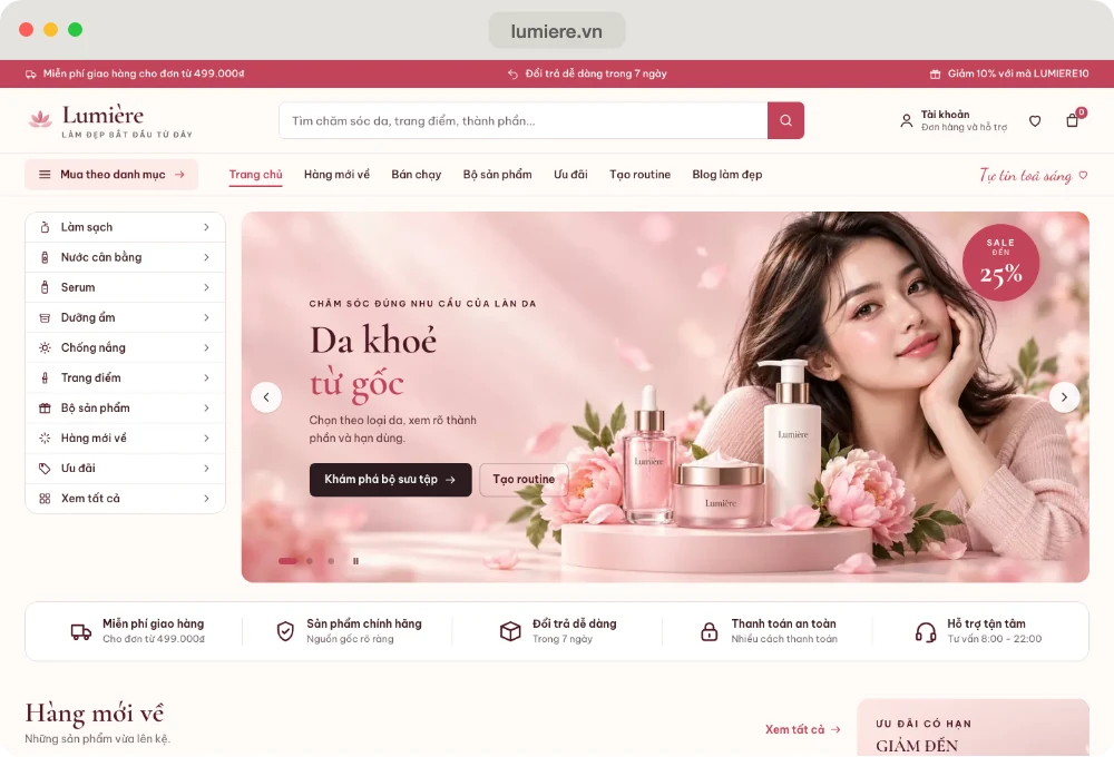 Website mẫu Lumière, ngành mỹ phẩm