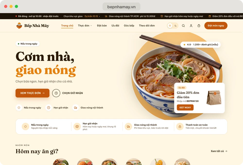 Website mẫu Bếp Nhà Mây, ngành F&B
