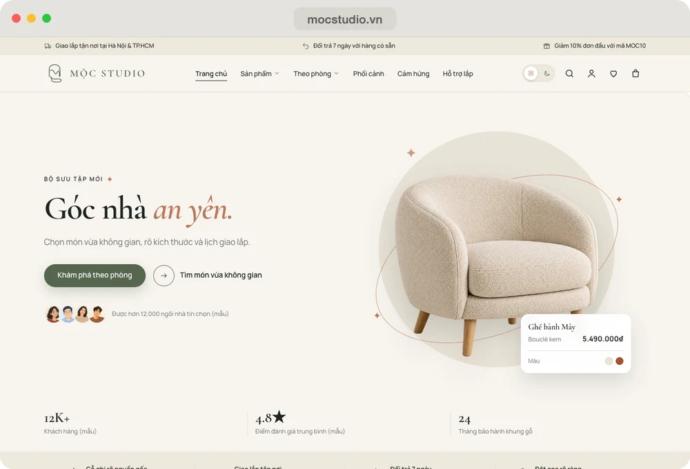 Website mẫu Mộc Studio, ngành nội thất