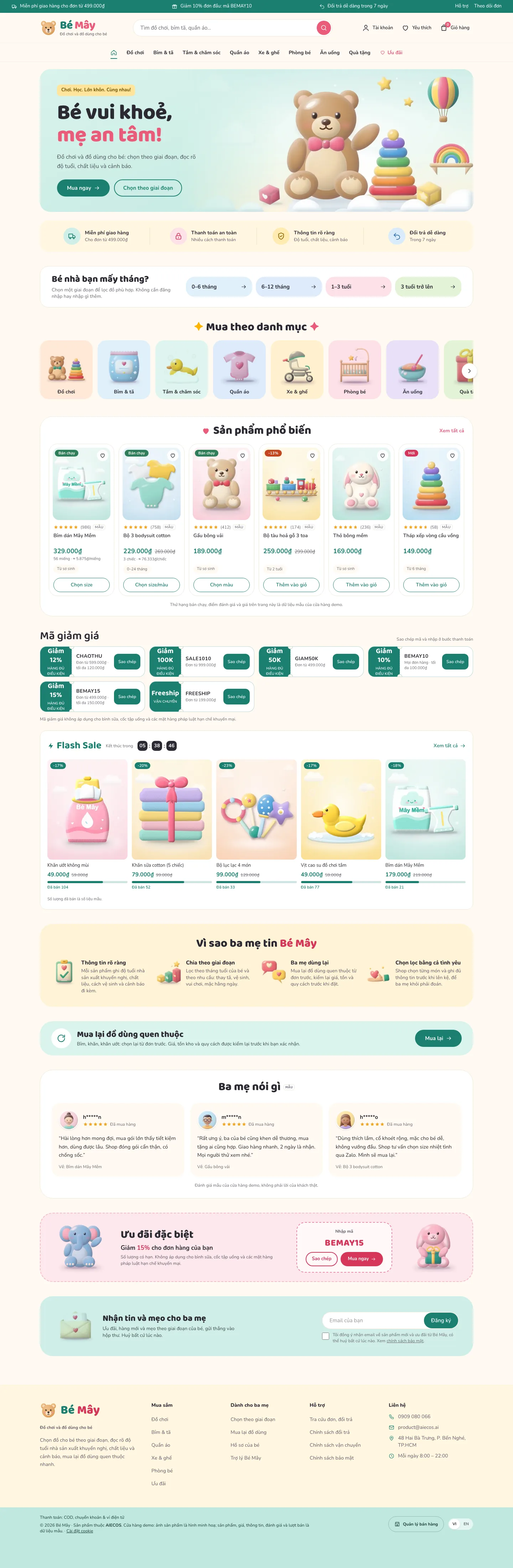 Trang chủ Bé Mây trên máy tính, website mẫu ngành mẹ & bé