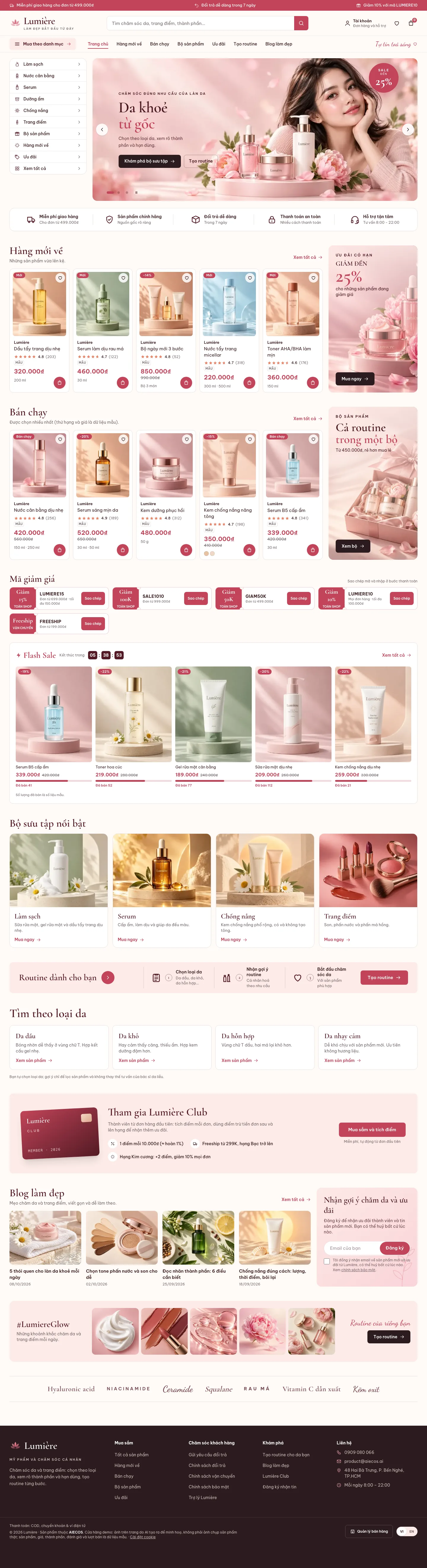 Trang chủ Lumière trên máy tính, website mẫu ngành mỹ phẩm