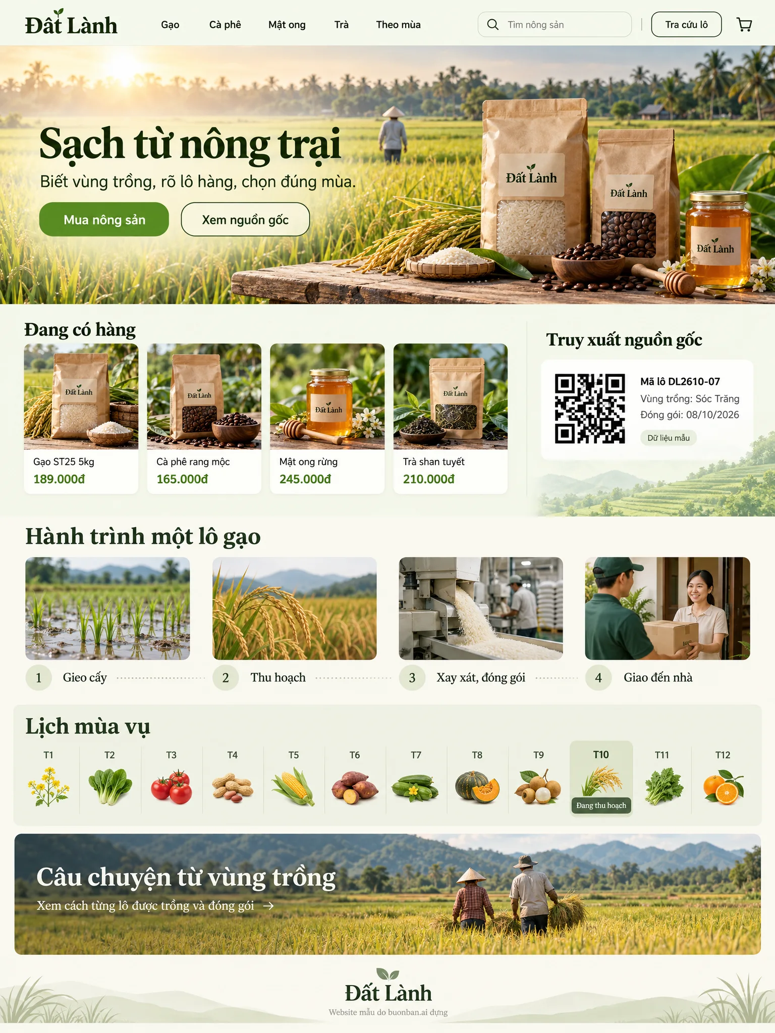 Trang chủ Đất Lành trên máy tính, website mẫu ngành nông sản