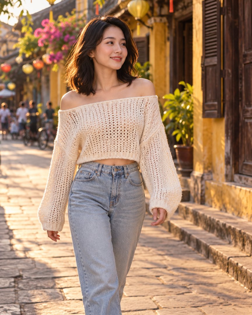 Ảnh minh hoạ tạo bằng AI: người mẫu mặc Áo Len Dệt Kim Trễ Vai ở phố cổ Hội An