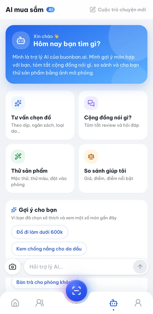 Trợ lý AI mua sắm của app buonban.ai