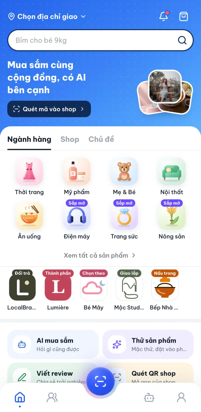 Trang chủ app buonban.ai với ngành hàng và các shop