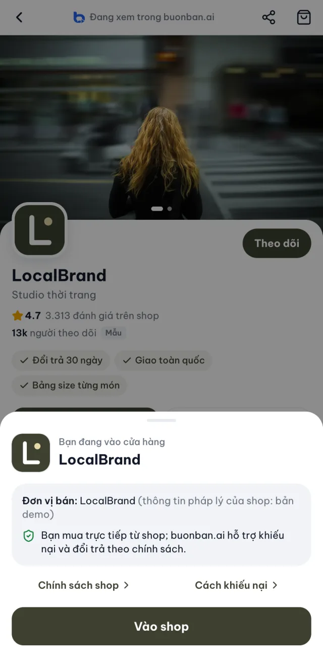 Màn hình vào cửa hàng LocalBrand sau khi quét mã QR