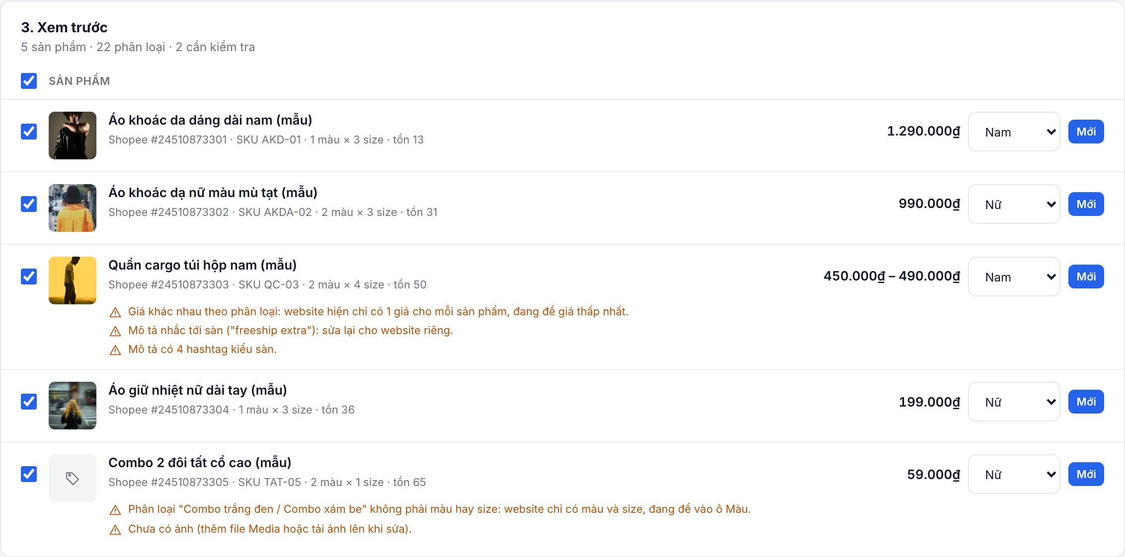 Bước xem trước khi chuyển sản phẩm từ Shopee trong trang quản trị